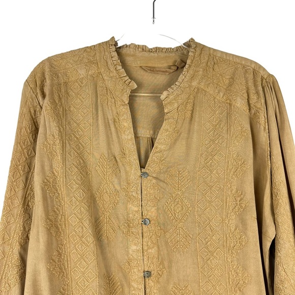 Soft Surroundings Sz L Women's Gold Embroidered Front Ruffle Trim Button Down - Picture 2 of 10